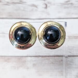Vintage Clip On Earrings Statement Domed Black with Gold Tone Halo